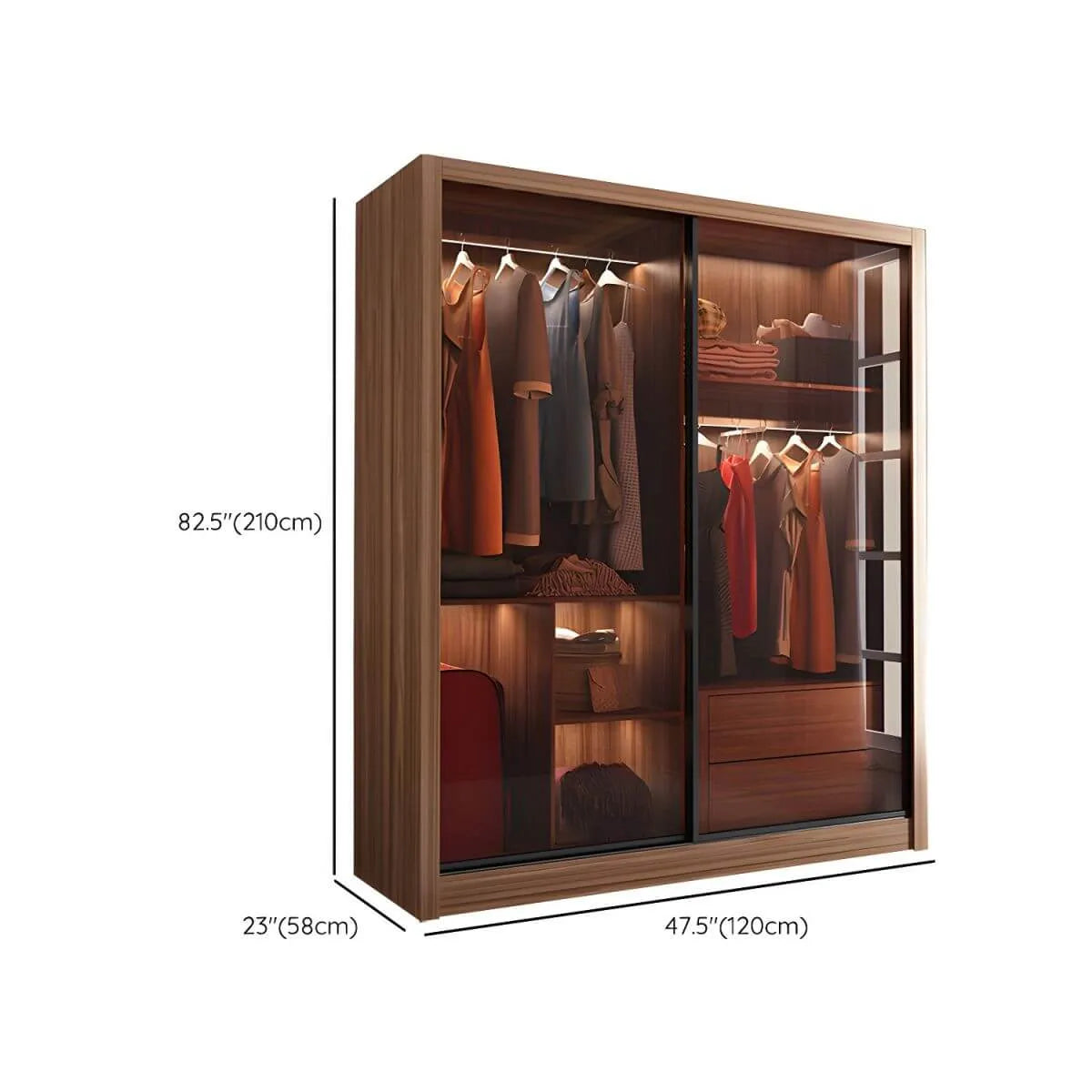 Brown Glass Wardrobe Wall With Display Shelves And Drawers Dimensions