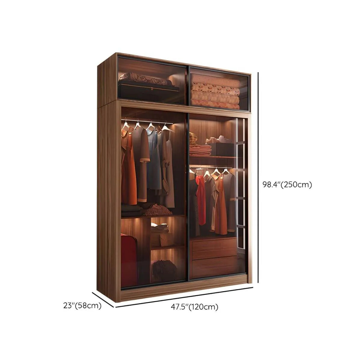 Brown Glass Wardrobe Wall With Display Shelves And Drawers Dimensions