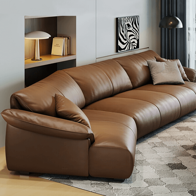 Brown Leather Curved Sofa with Vintage French Design Secondary image