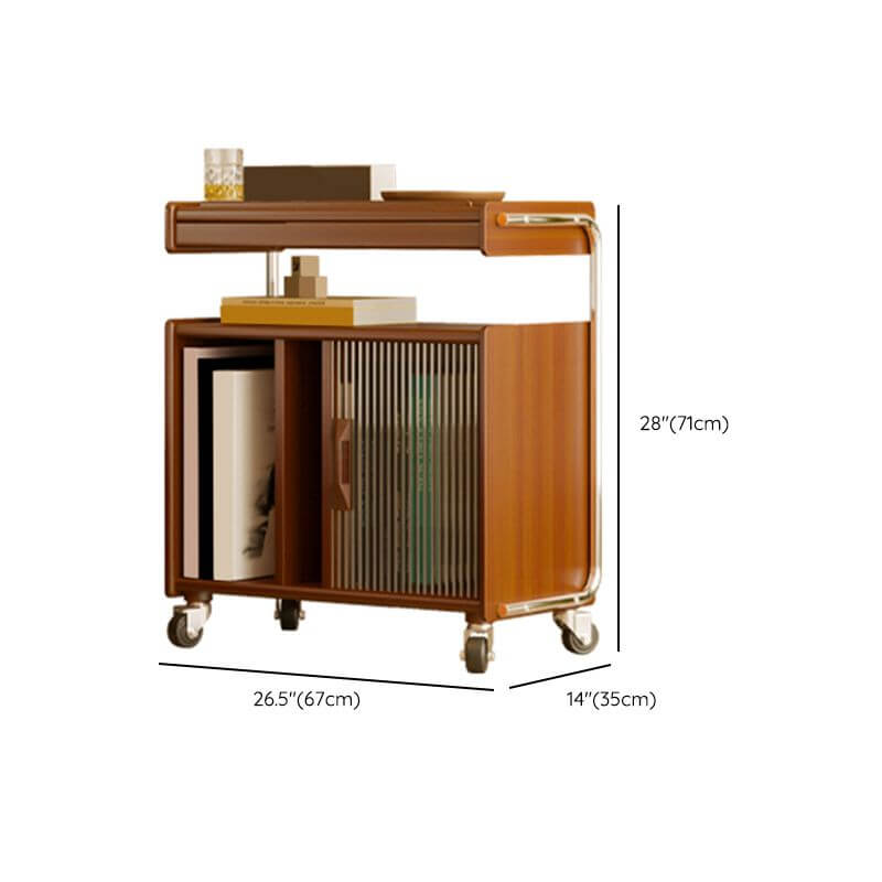 Brown Mid-Century Side Table with Wheels and Shelves