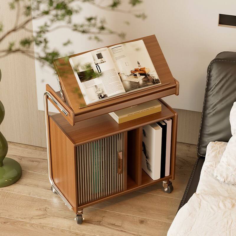 Brown Mid-Century Side Table with Wheels and Shelves