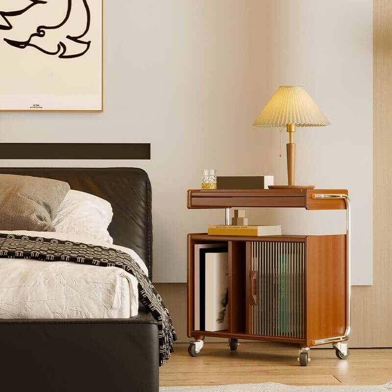 Brown Mid-Century Side Table with Wheels and Shelves