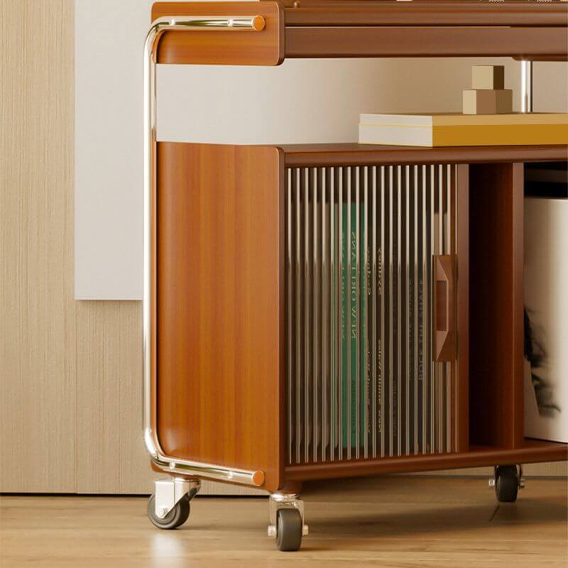 Brown Mid-Century Side Table with Wheels and Shelves
