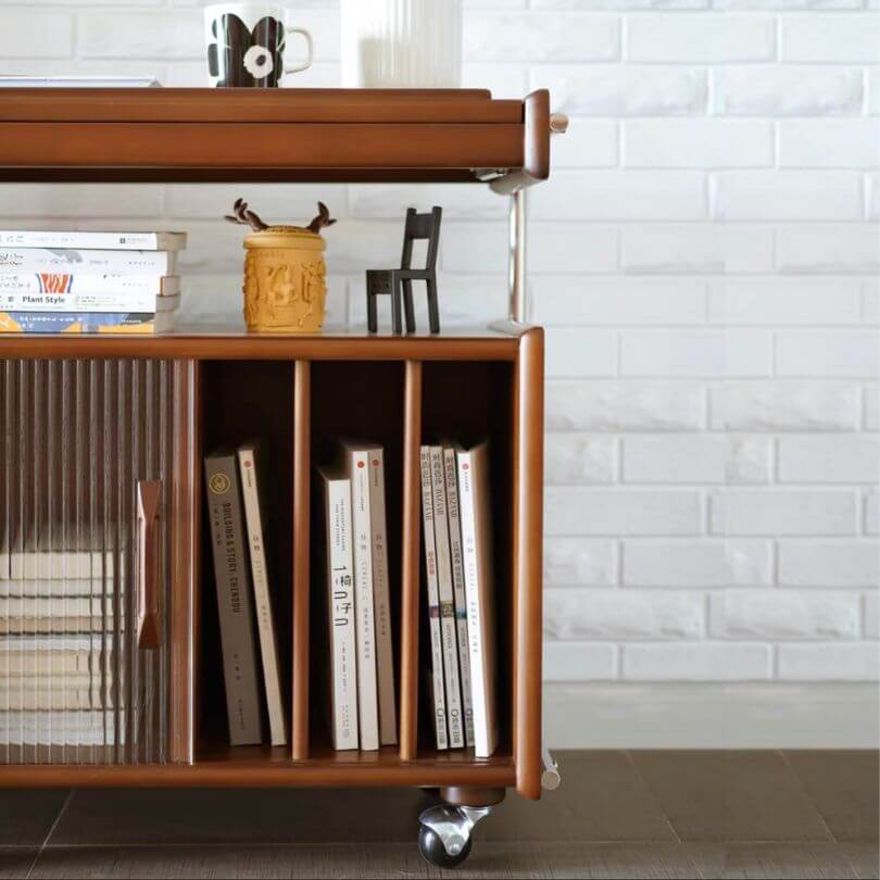 Brown Mid-Century Side Table with Wheels and Shelves
