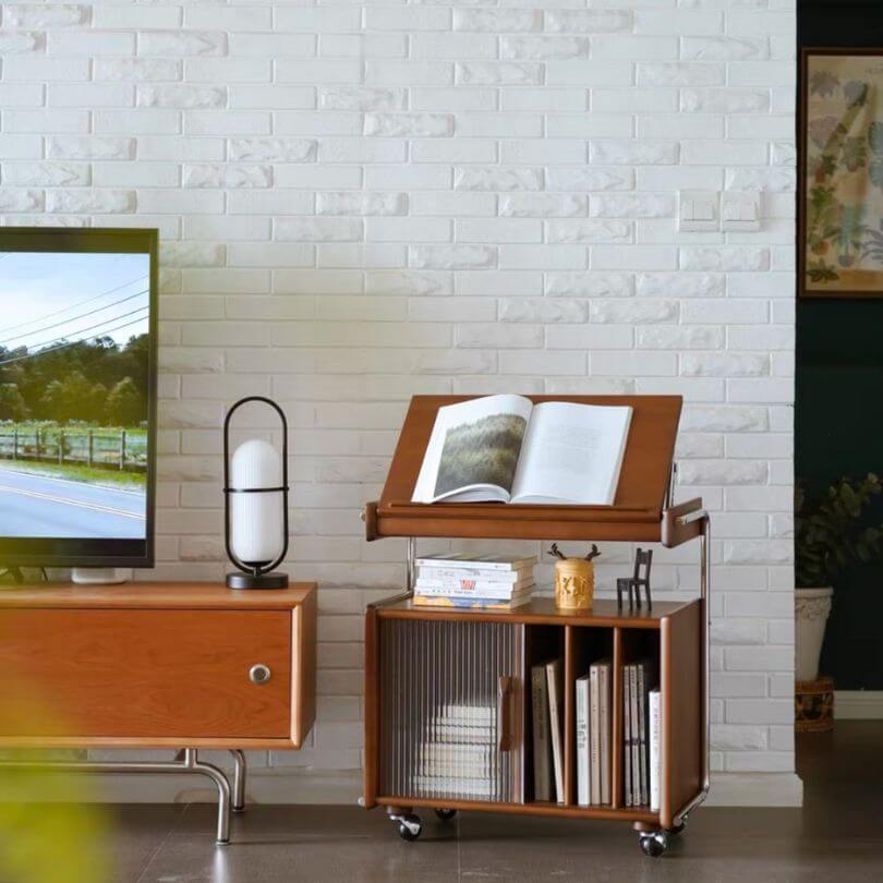Brown Mid-Century Side Table with Wheels and Shelves