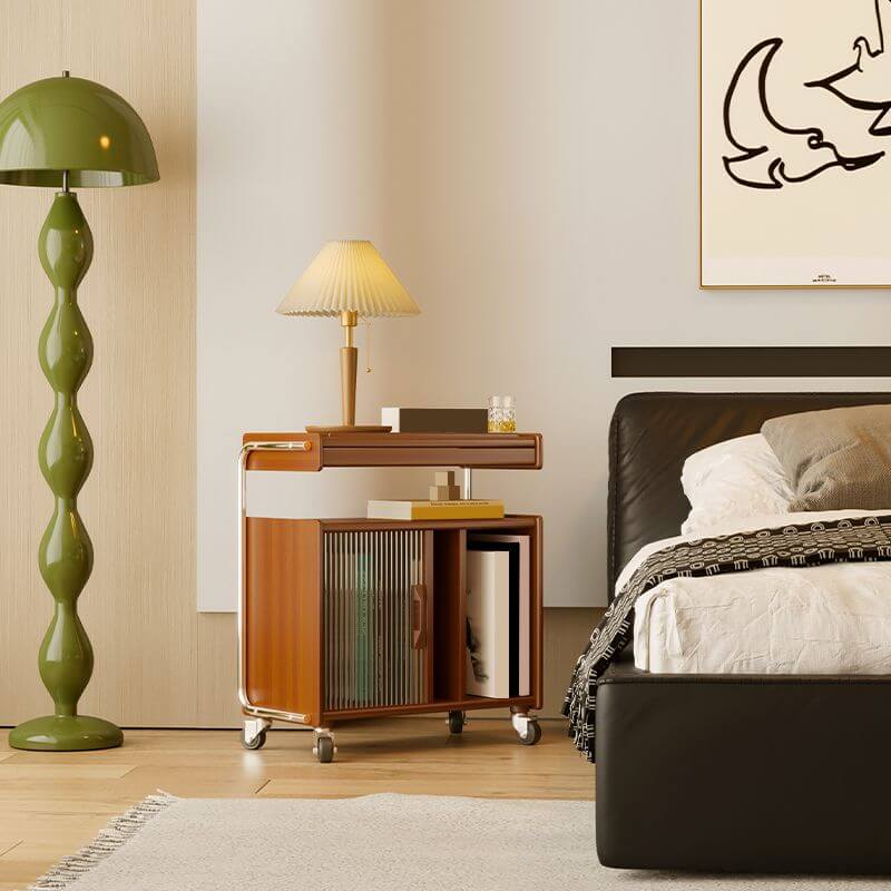 Brown Mid-Century Side Table with Wheels and Shelves