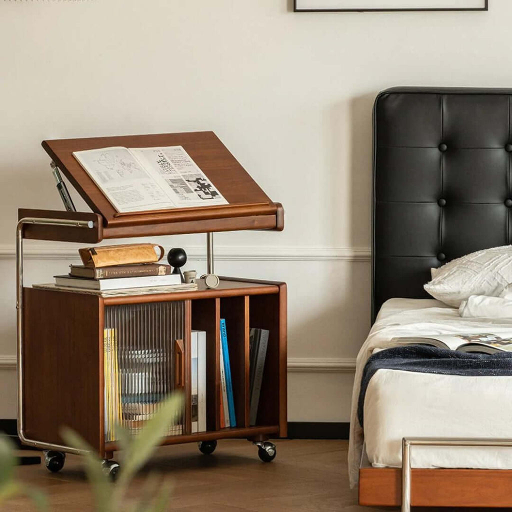 Brown Mid-Century Side Table with Wheels and Shelves Main Product Image