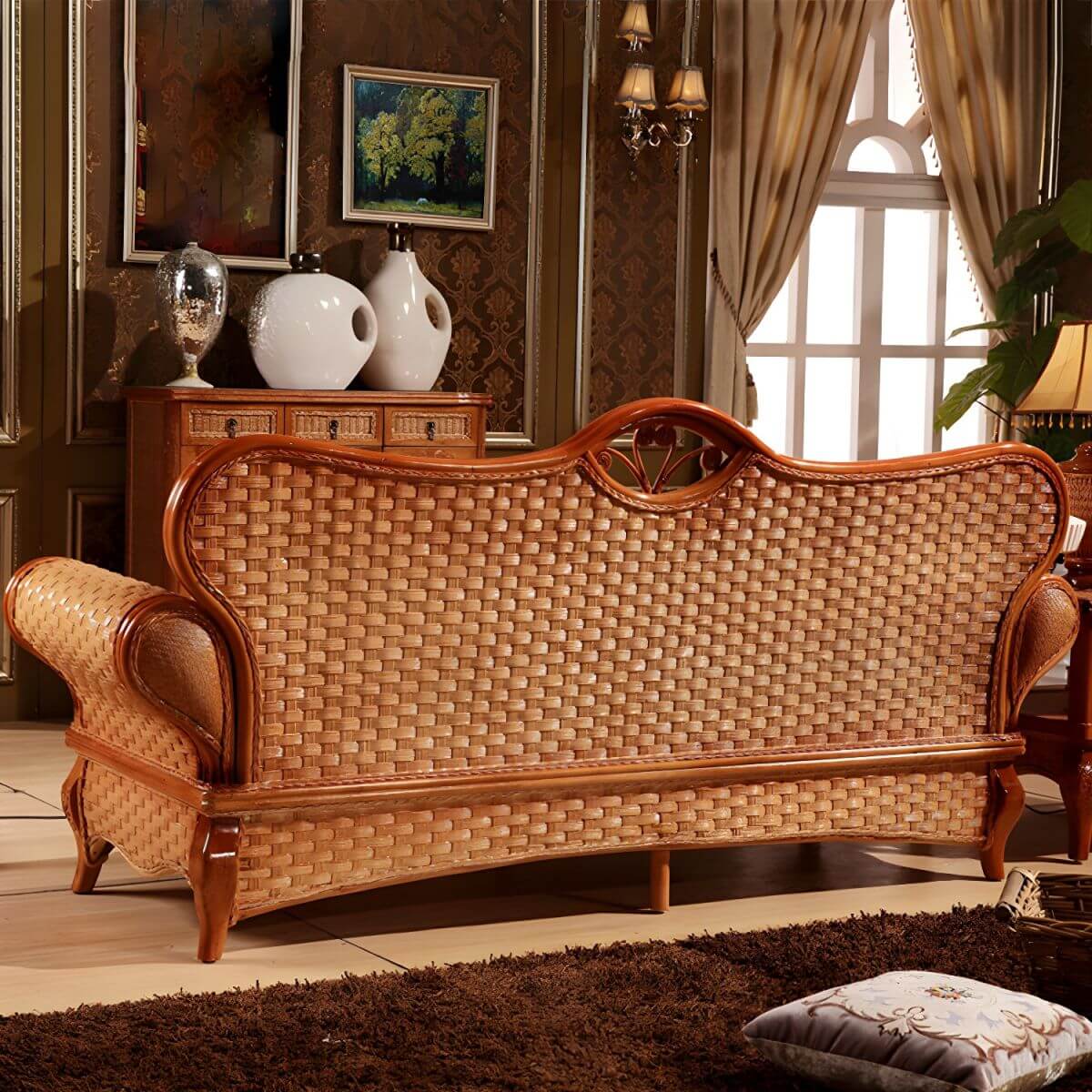 Brown Rustic-Style Rattan Sofa Series in Cotton-Linen Upholstery and Wooden Construction Secondary image
