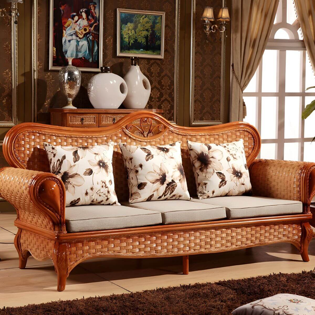 Brown Rustic-Style Rattan Sofa Series in Cotton-Linen Upholstery and Wooden Construction Main Product Image Main image