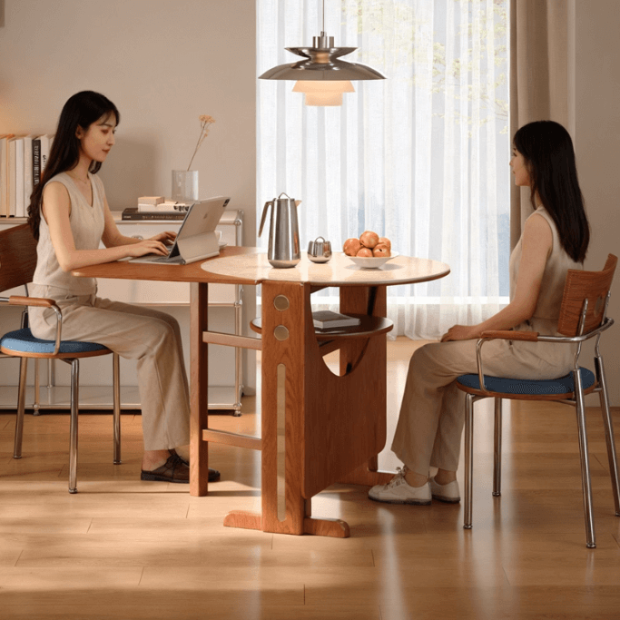 Brown Sintered Stone Round Dining Table With Drop Leaf