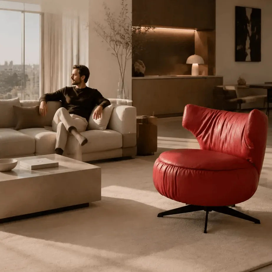 Burgundy Leather Lounge Chair with Sculpted Wing Back and Swivel Base