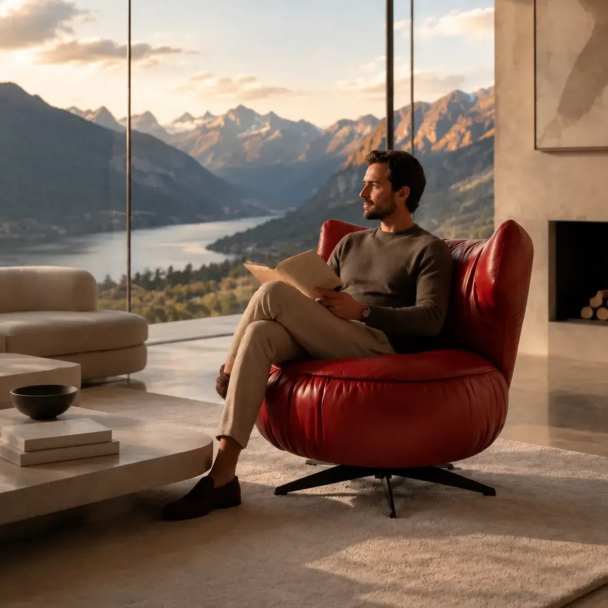 Burgundy Leather Lounge Chair with Sculpted Wing Back and Swivel Base