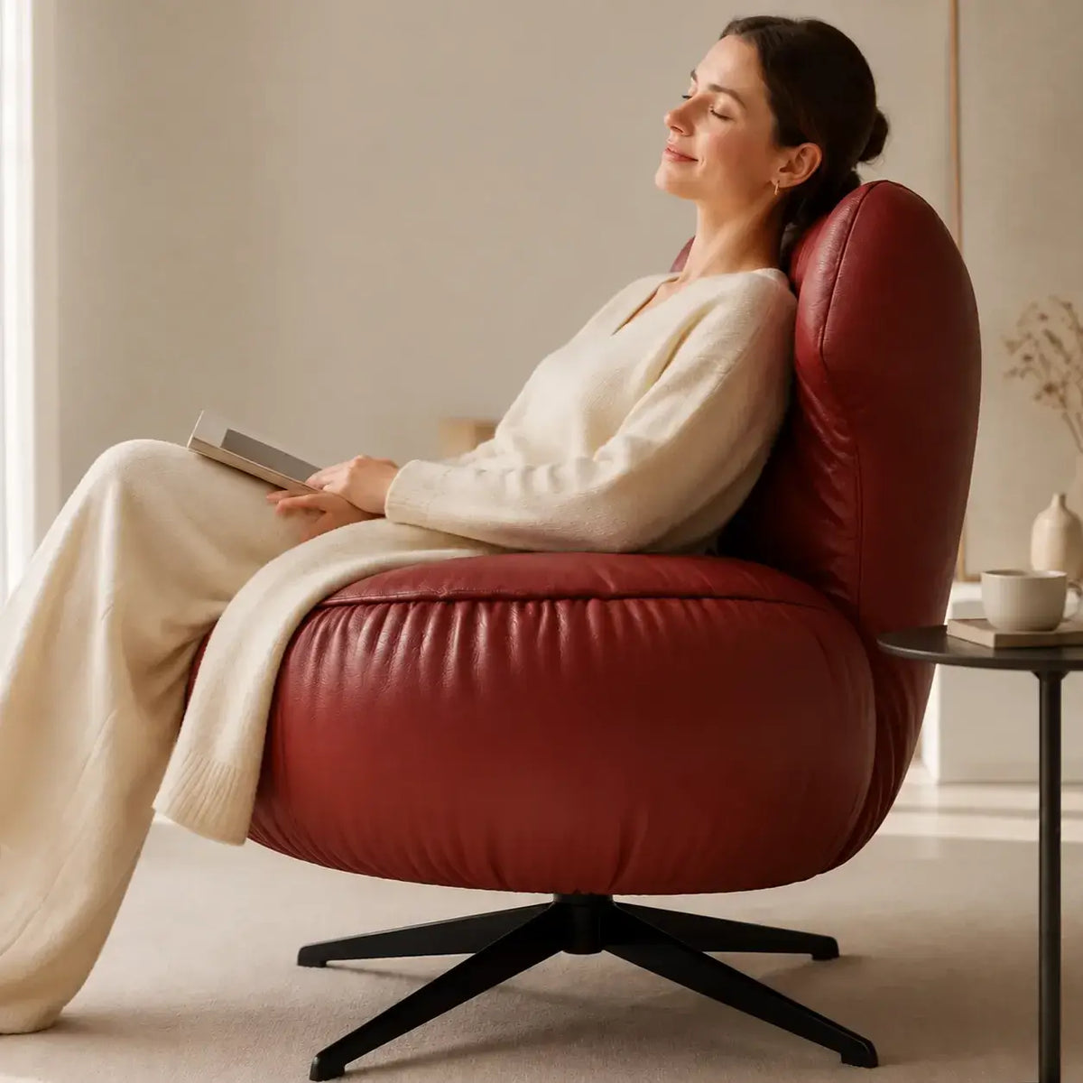 Burgundy Leather Lounge Chair with Sculpted Wing Back and Swivel Base