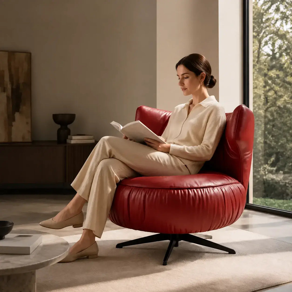 Burgundy Leather Lounge Chair with Sculpted Wing Back and Swivel Base