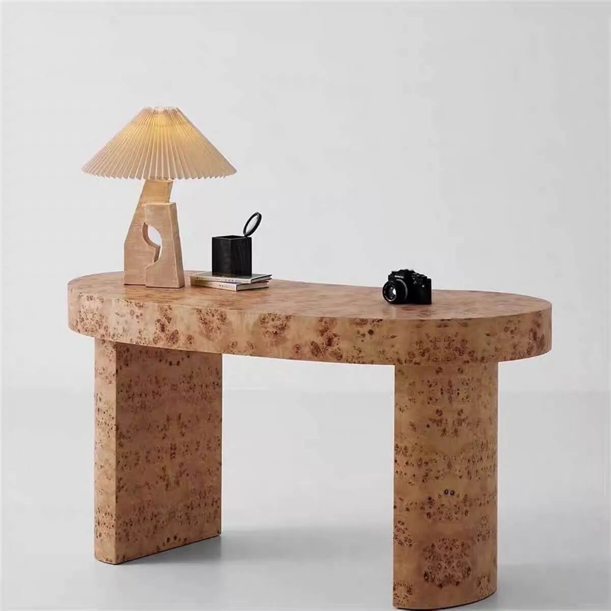Burl Wood Crescent Office Desk with Sculptural Base and Rounded Edges