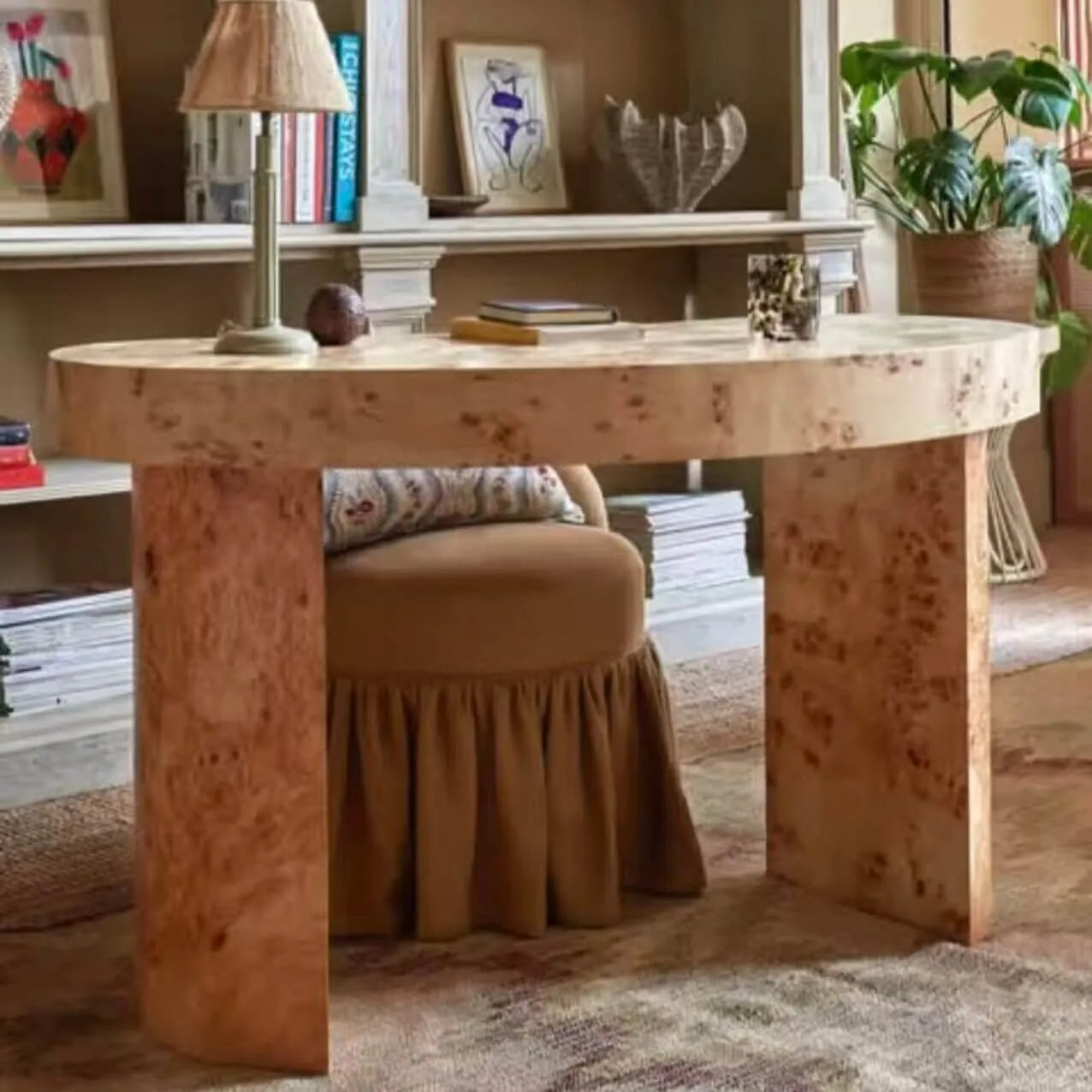 Burl Wood Crescent Office Desk with Sculptural Base and Rounded Edges