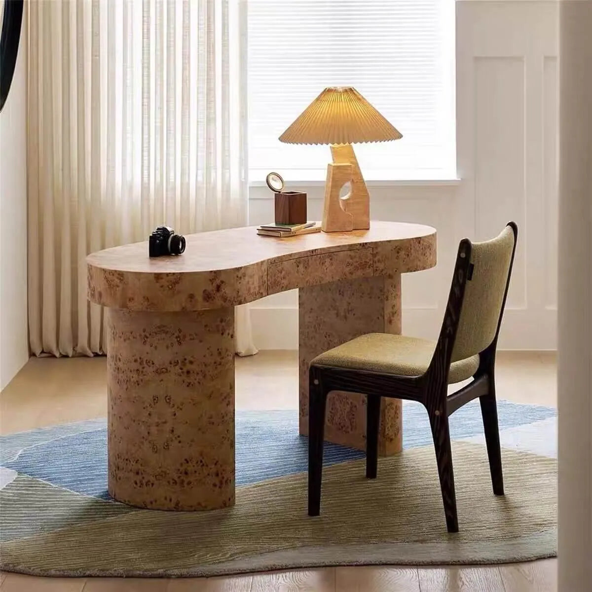 Burl Wood Crescent Office Desk with Sculptural Base and Rounded Edges