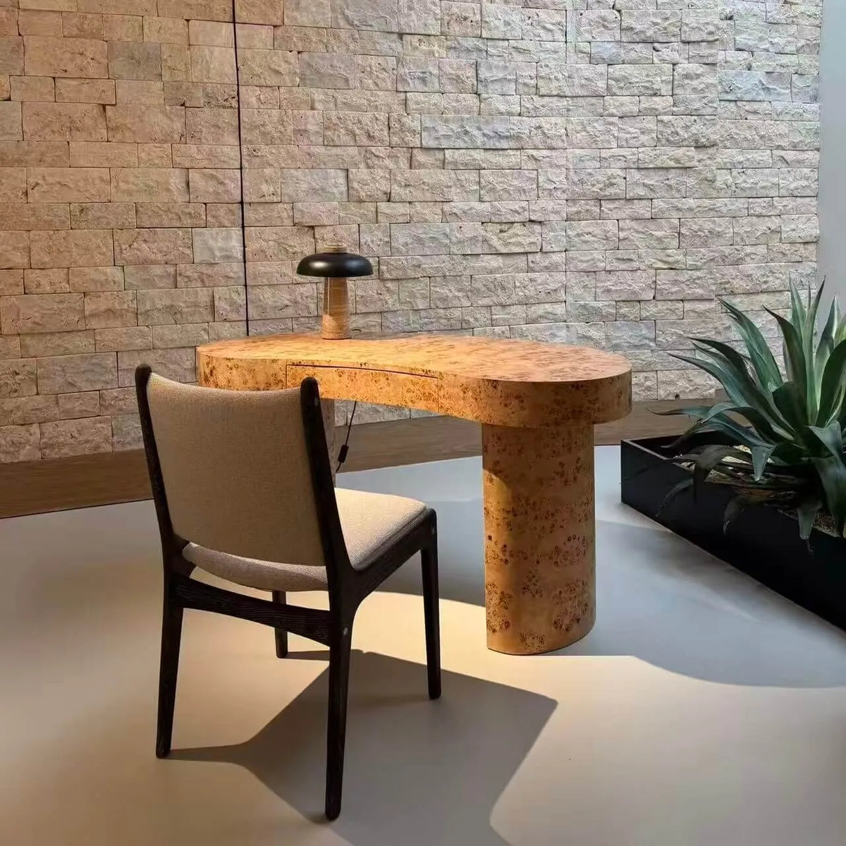 Burl Wood Crescent Office Desk with Sculptural Base and Rounded Edges
