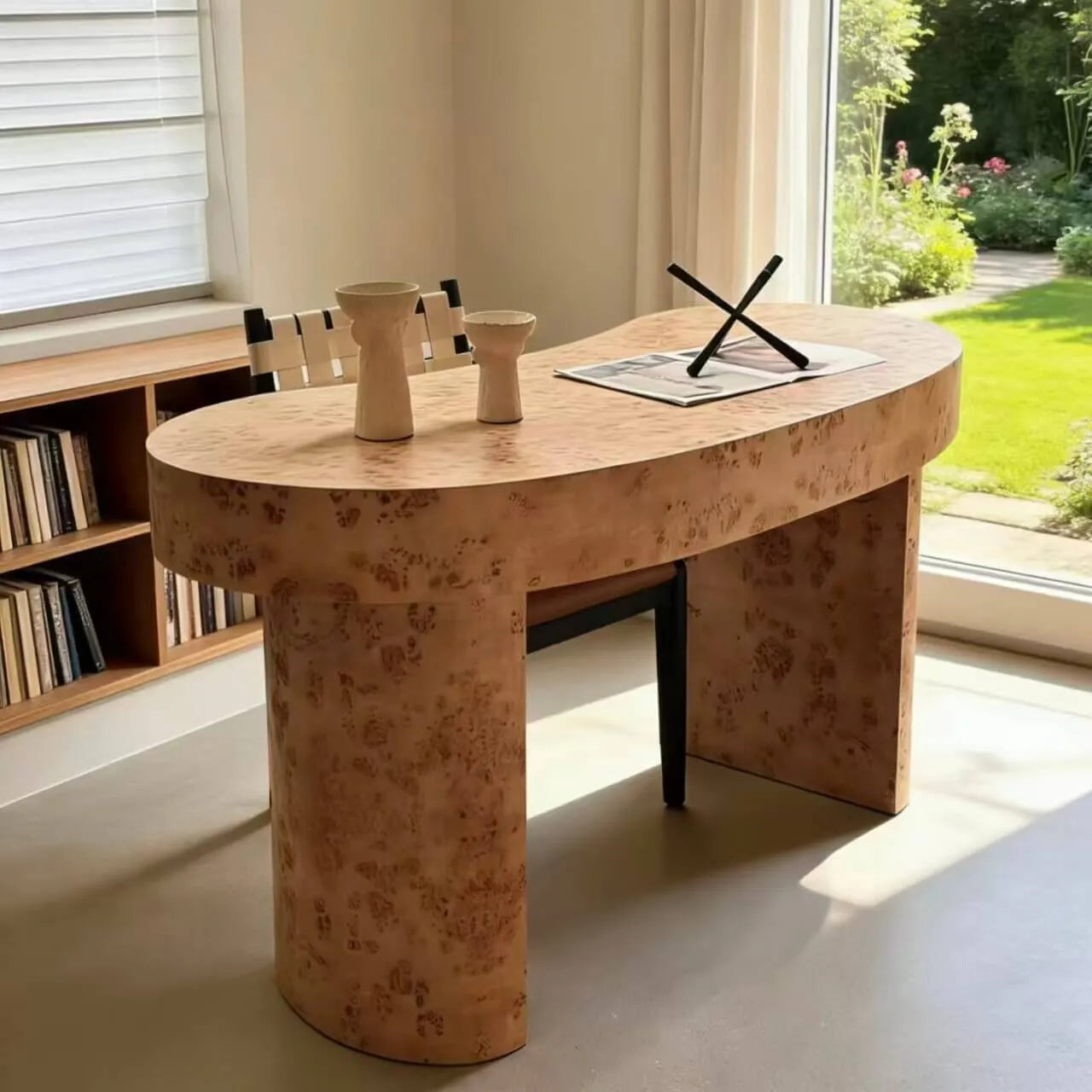 Burl Wood Crescent Office Desk with Sculptural Base and Rounded Edges
