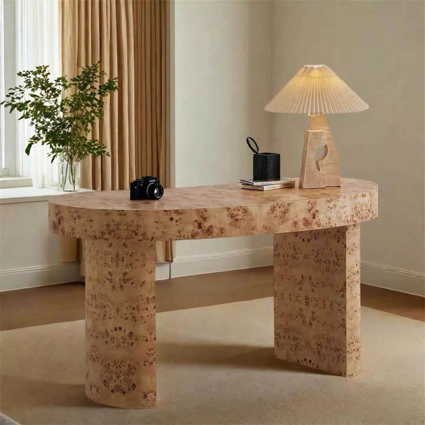 Burl Wood Crescent Office Desk with Sculptural Base and Rounded Edges Main Product Image Image principale du produit