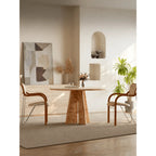 Burlwood Dining Table Series with Travertine Top and Sculptural Base