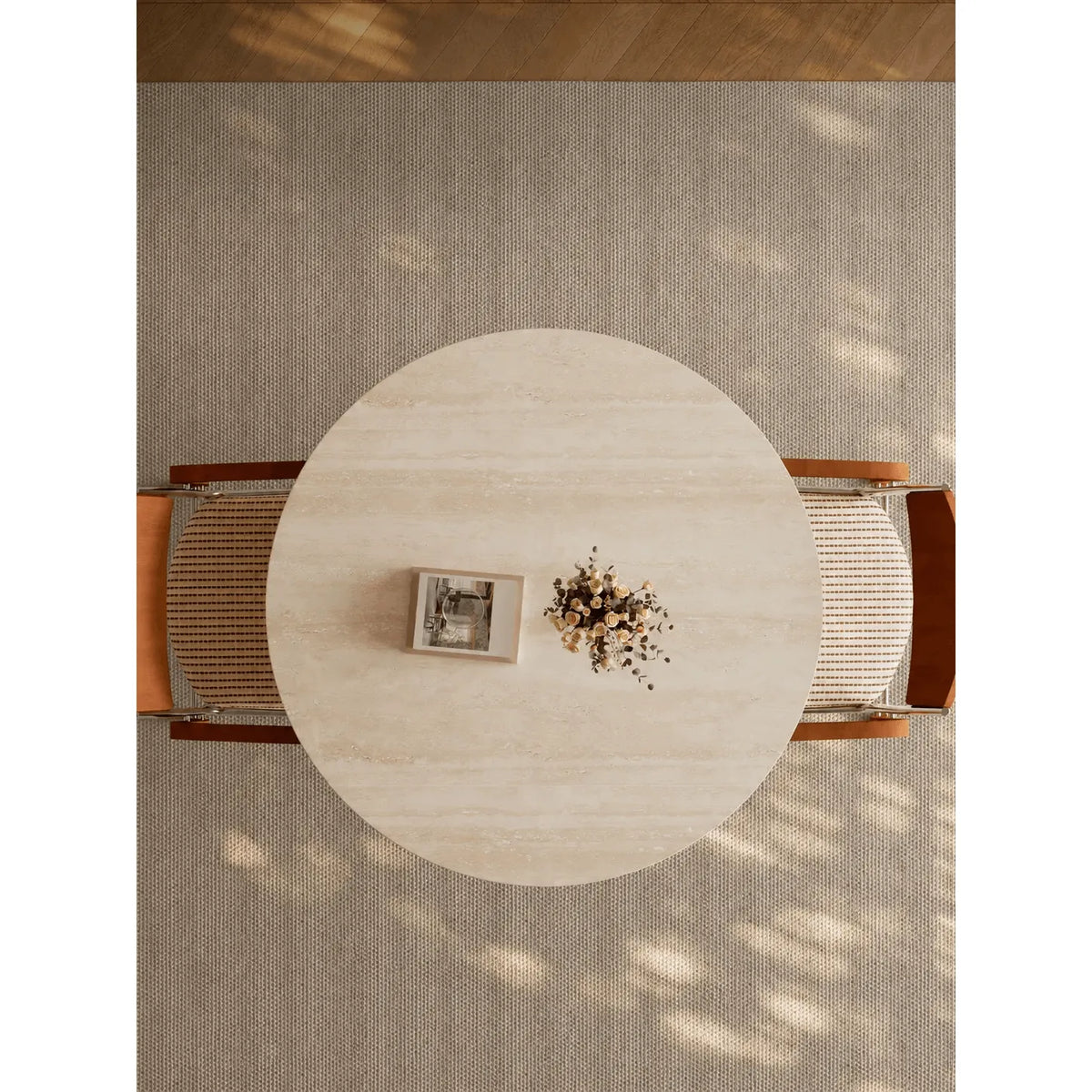Burlwood Dining Table Series with Travertine Top and Sculptural Base