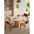 Burlwood Dining Table Series with Travertine Top and Sculptural Base
