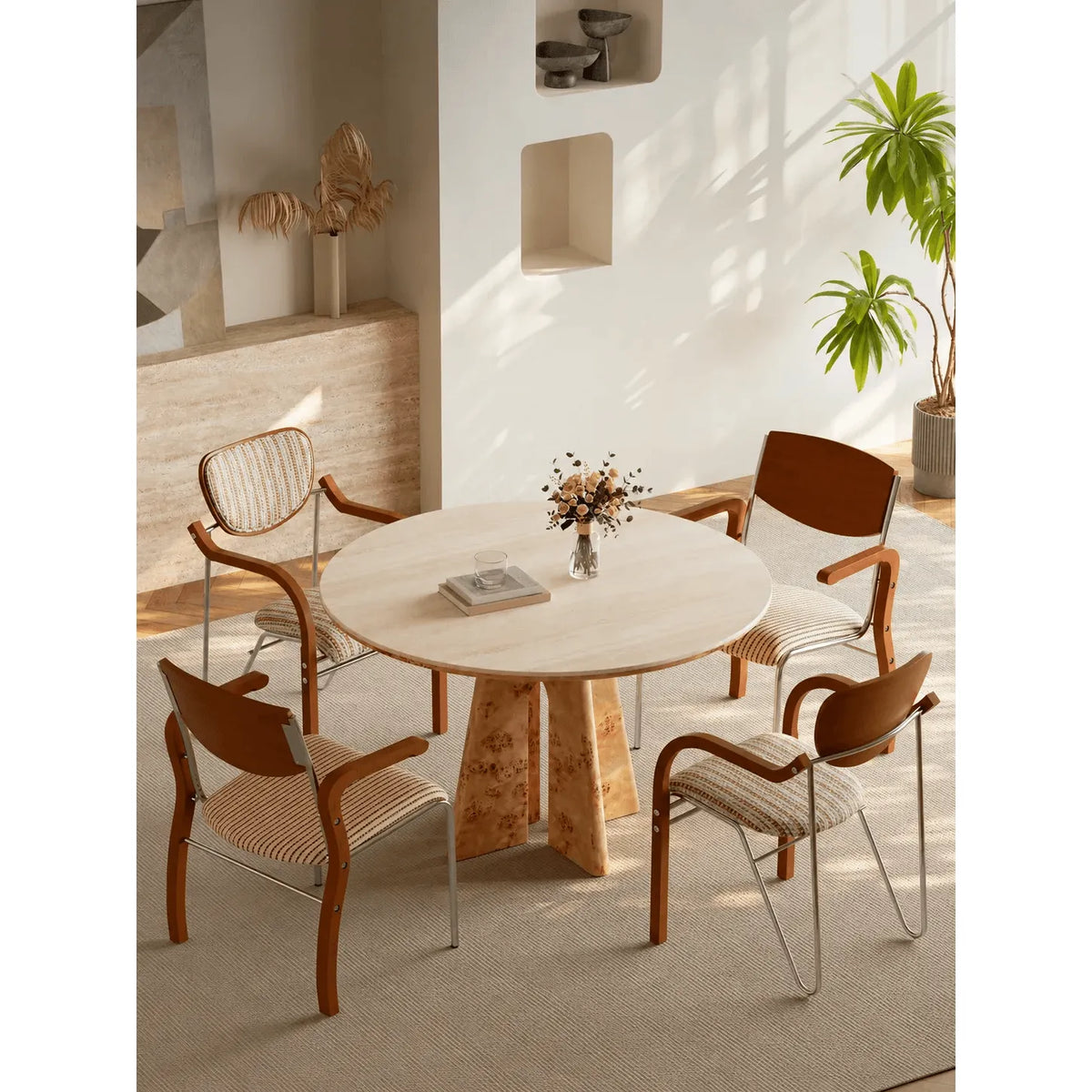 Burlwood Dining Table Series with Travertine Top and Sculptural Base