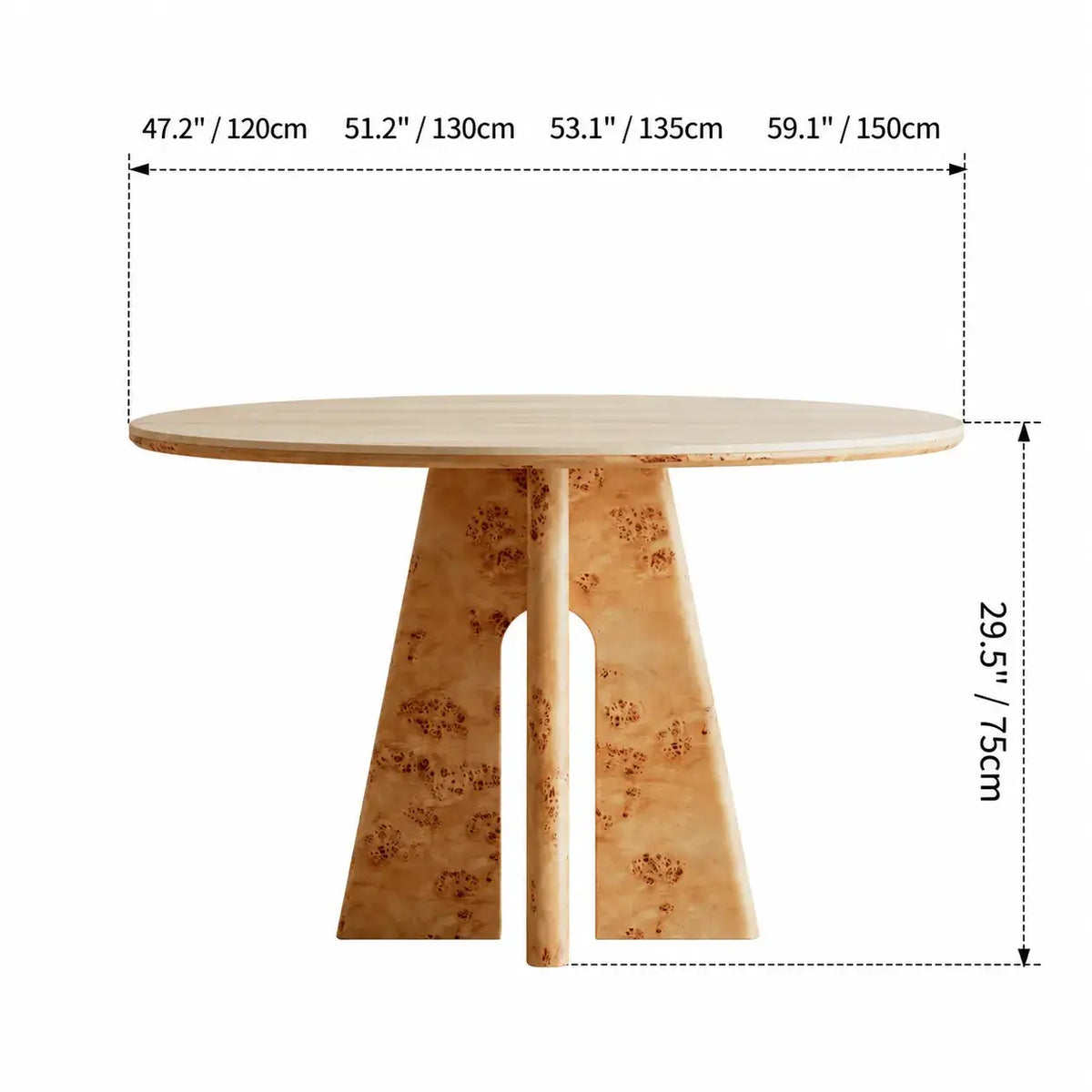 Burlwood Dining Table Series with Travertine Top and Sculptural Base Dimensions