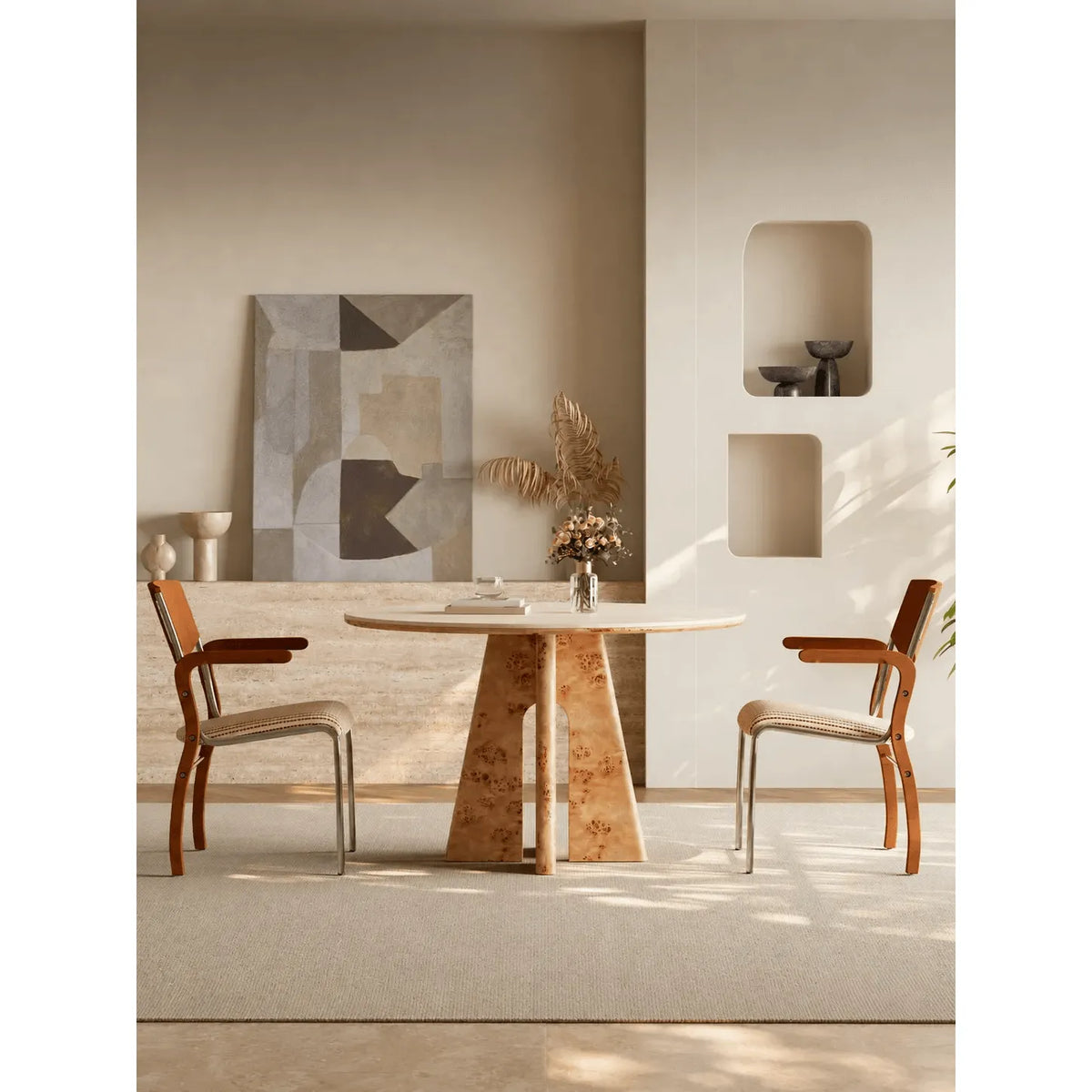 Burlwood Dining Table Series with Travertine Top and Sculptural Base Main Product Image