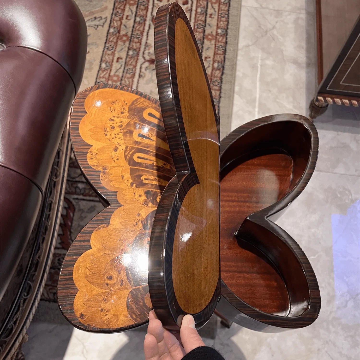 Butterfly Inlay Mahogany Side Table with Sculptural Pedestal Base