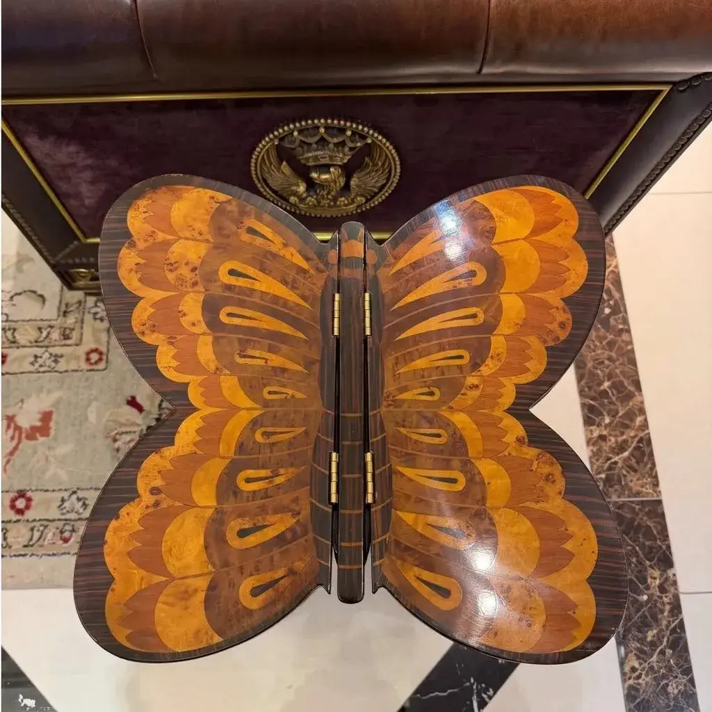 Butterfly Inlay Mahogany Side Table with Sculptural Pedestal Base