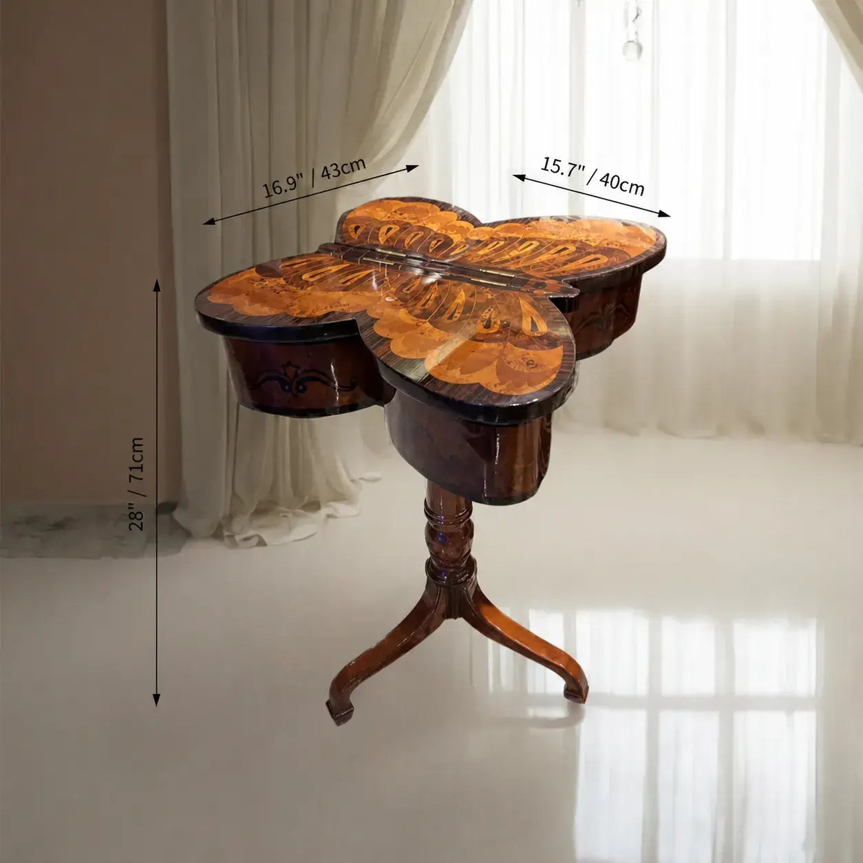 Butterfly Inlay Mahogany Side Table with Sculptural Pedestal Base Dimensions