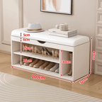 Modern white and orange shoe bench with upholstered seat and space-saving storage