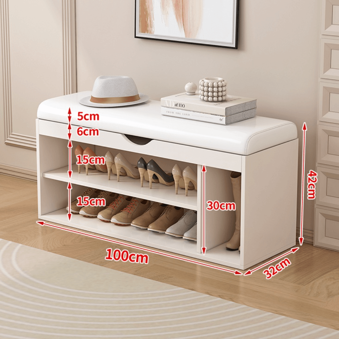 Modern white and orange shoe bench with upholstered seat and space-saving storage