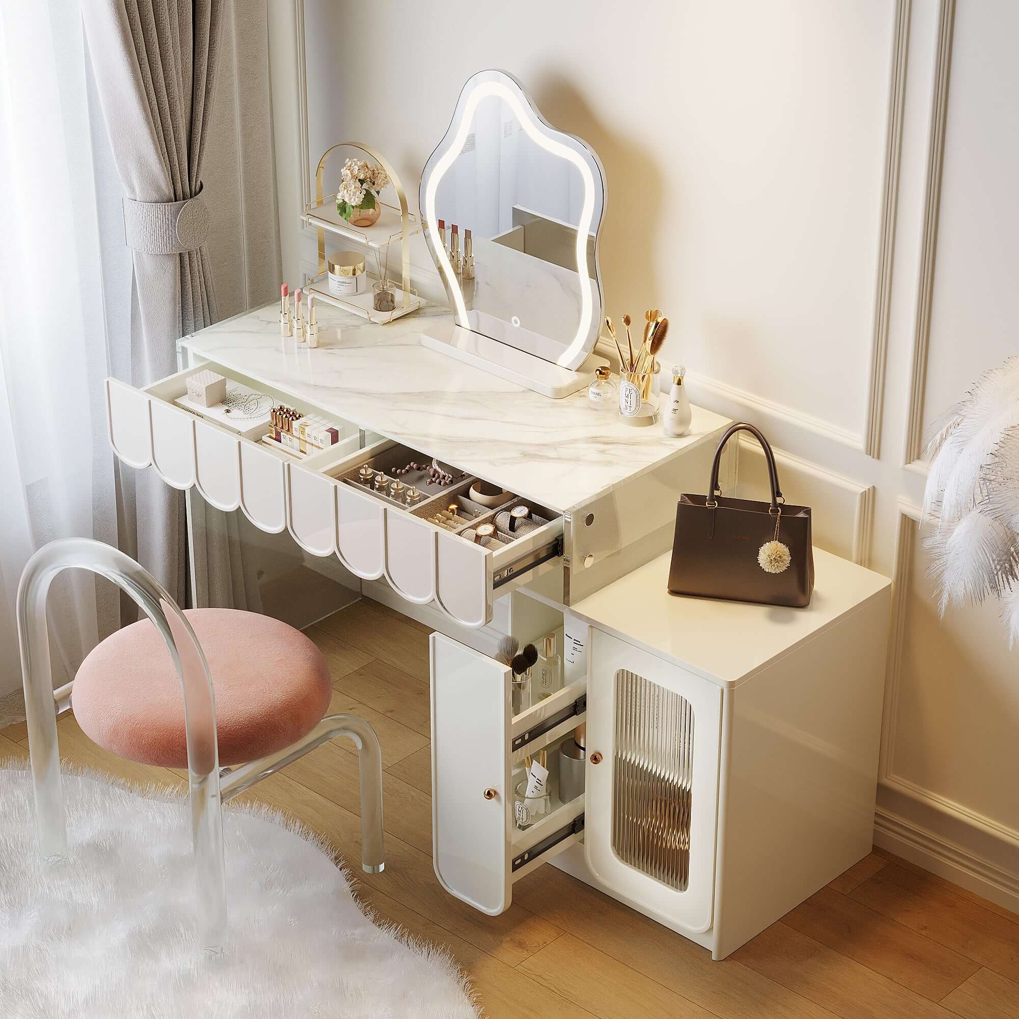White modern makeup vanity featuring drawers and a side cabinet for organized storage