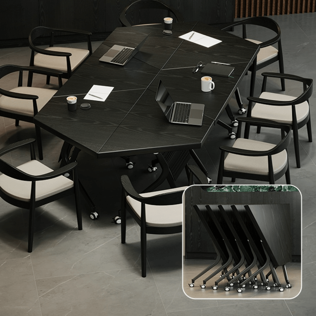 Black folding conference table with 360-degree casters for flexible workspace setups