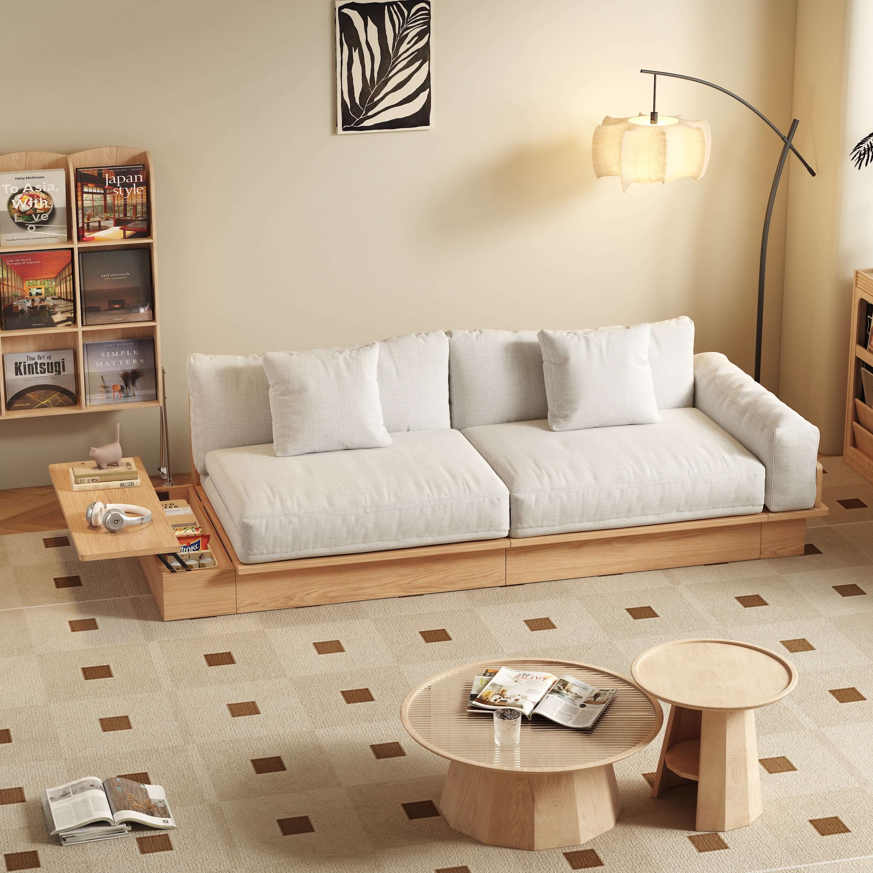 Cocochairs Floor Platform Wood Frame Sofa Bed – Reversible Armrests, Corduroy or Linen-Blend Upholstery