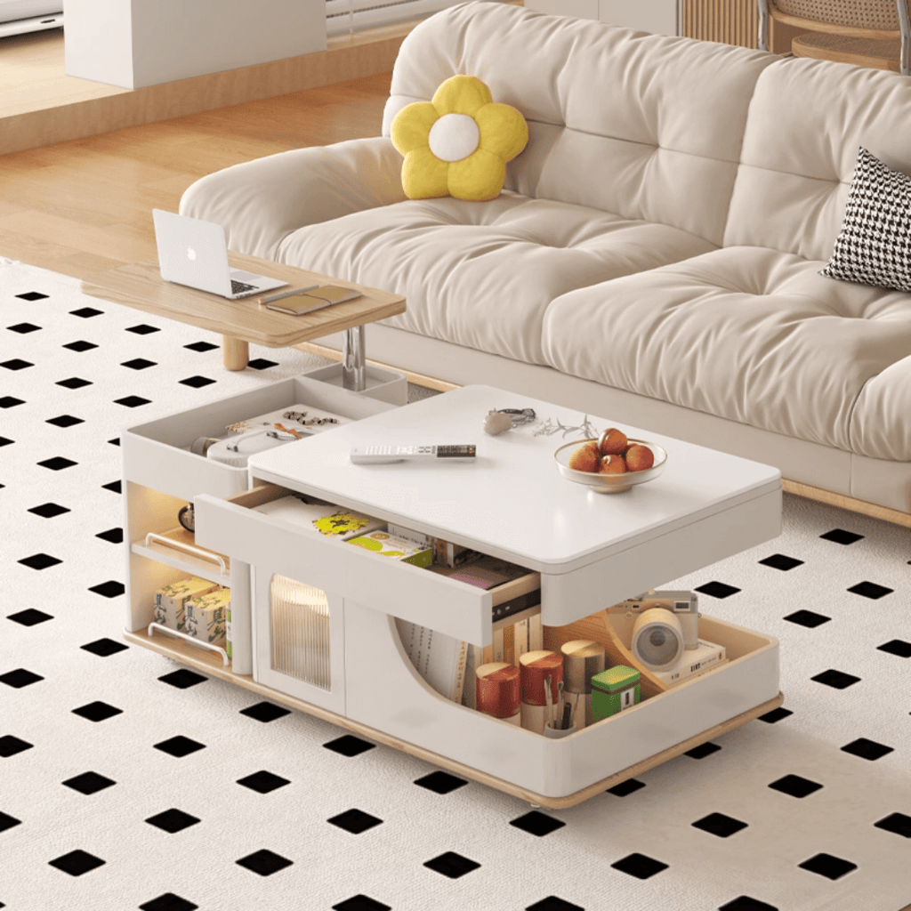 Cream lift-top coffee table with smart storage and easy mobility for modern living rooms