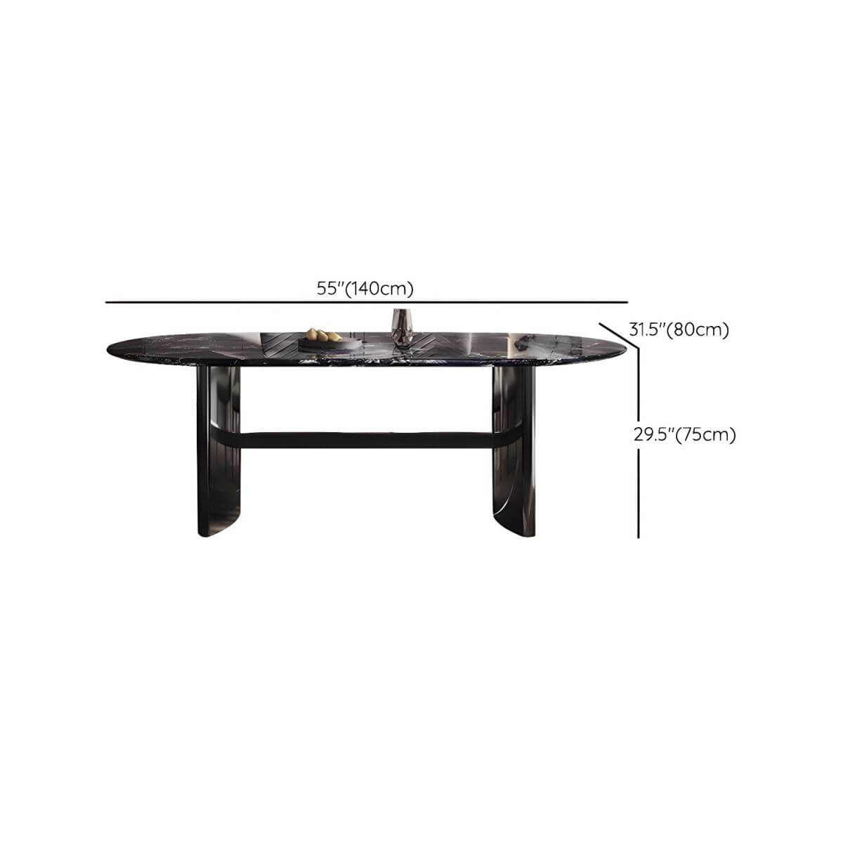 Oval dining table with black marble top and trestle metal base, modern dining room set