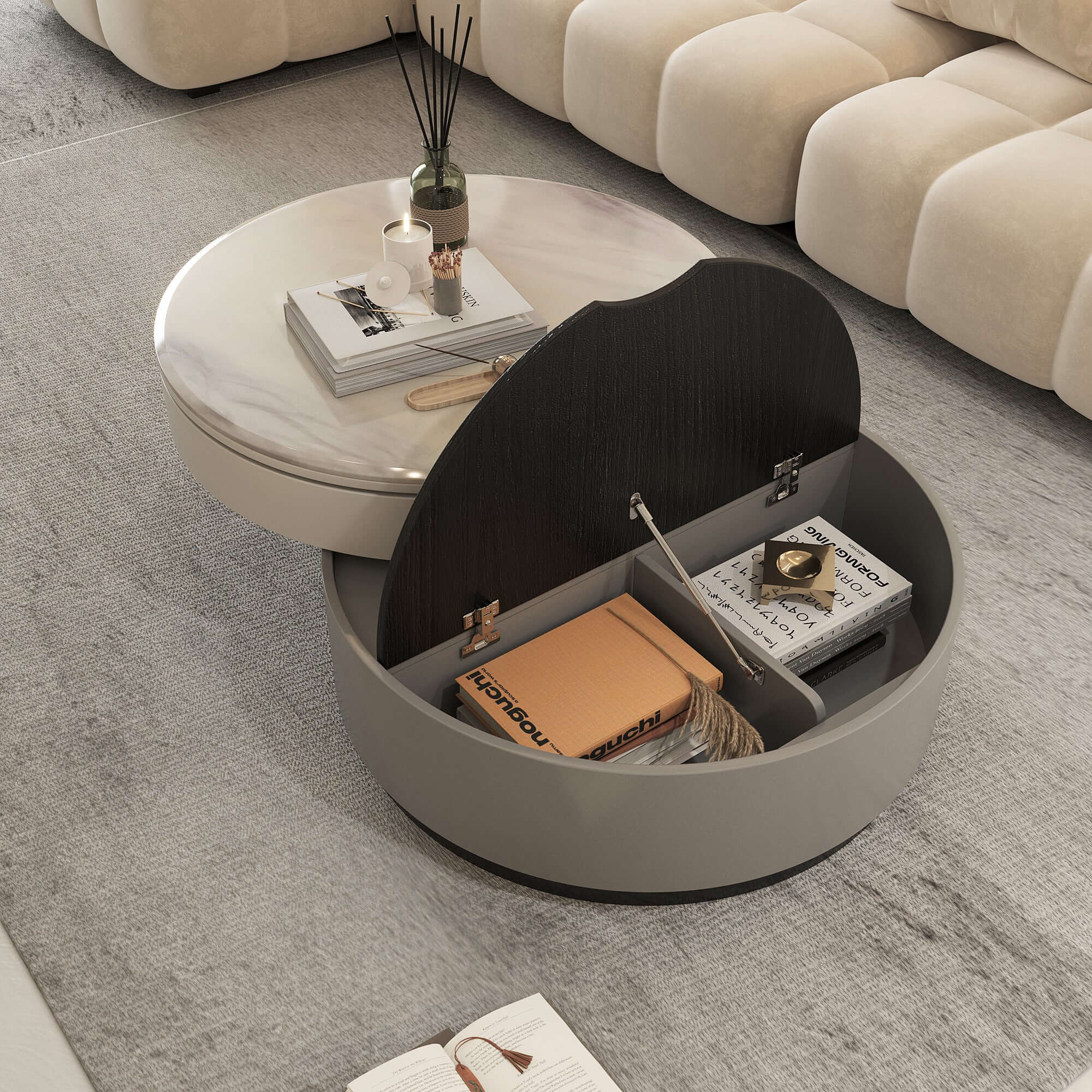 Rotating round coffee table with durable microcrystalline stone top for modern living rooms