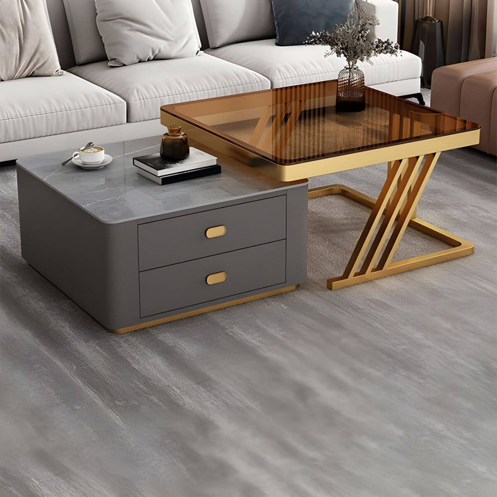 Modern square steel frame nesting coffee tables set with two pieces, including a small table