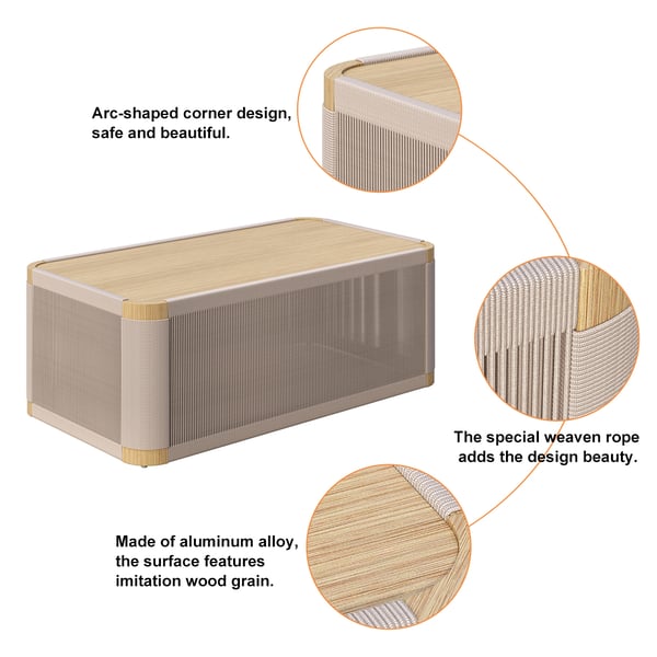 Modern outdoor swivel sofa set with aluminum frame and rope accents, includes coffee table in khaki