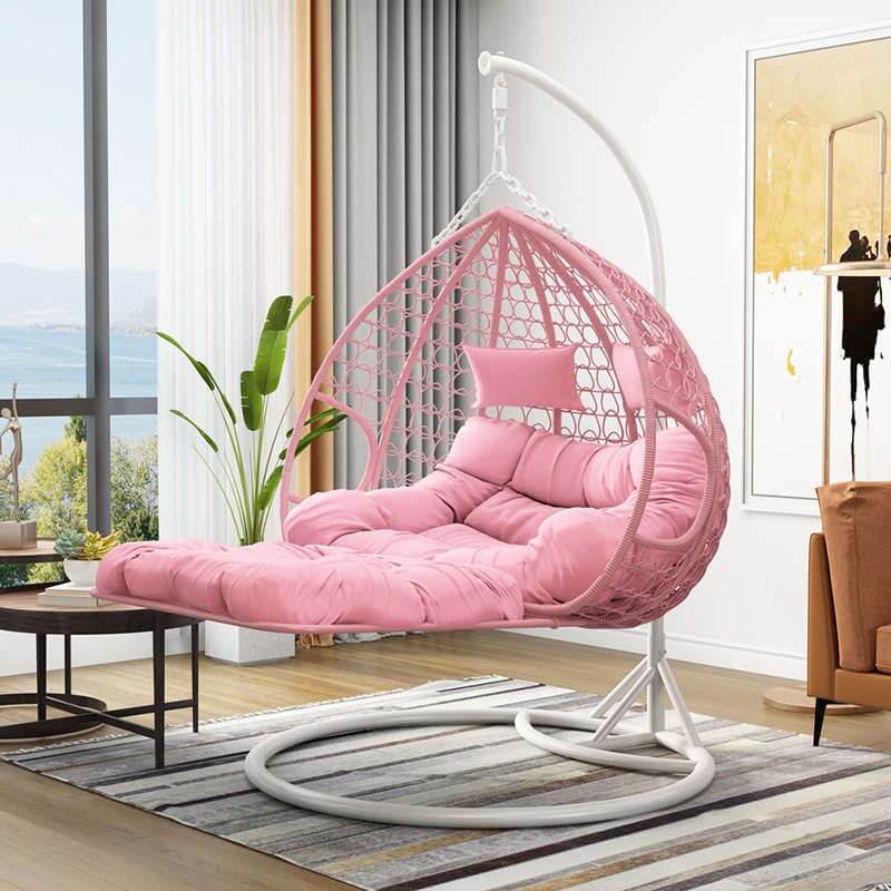 Magenta and sepia porch swing egg chair with alloy stand, chain, cushions, and 2-person seating