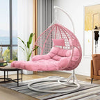 Magenta and sepia porch swing egg chair with alloy stand, chain, cushions, and 2-person seating