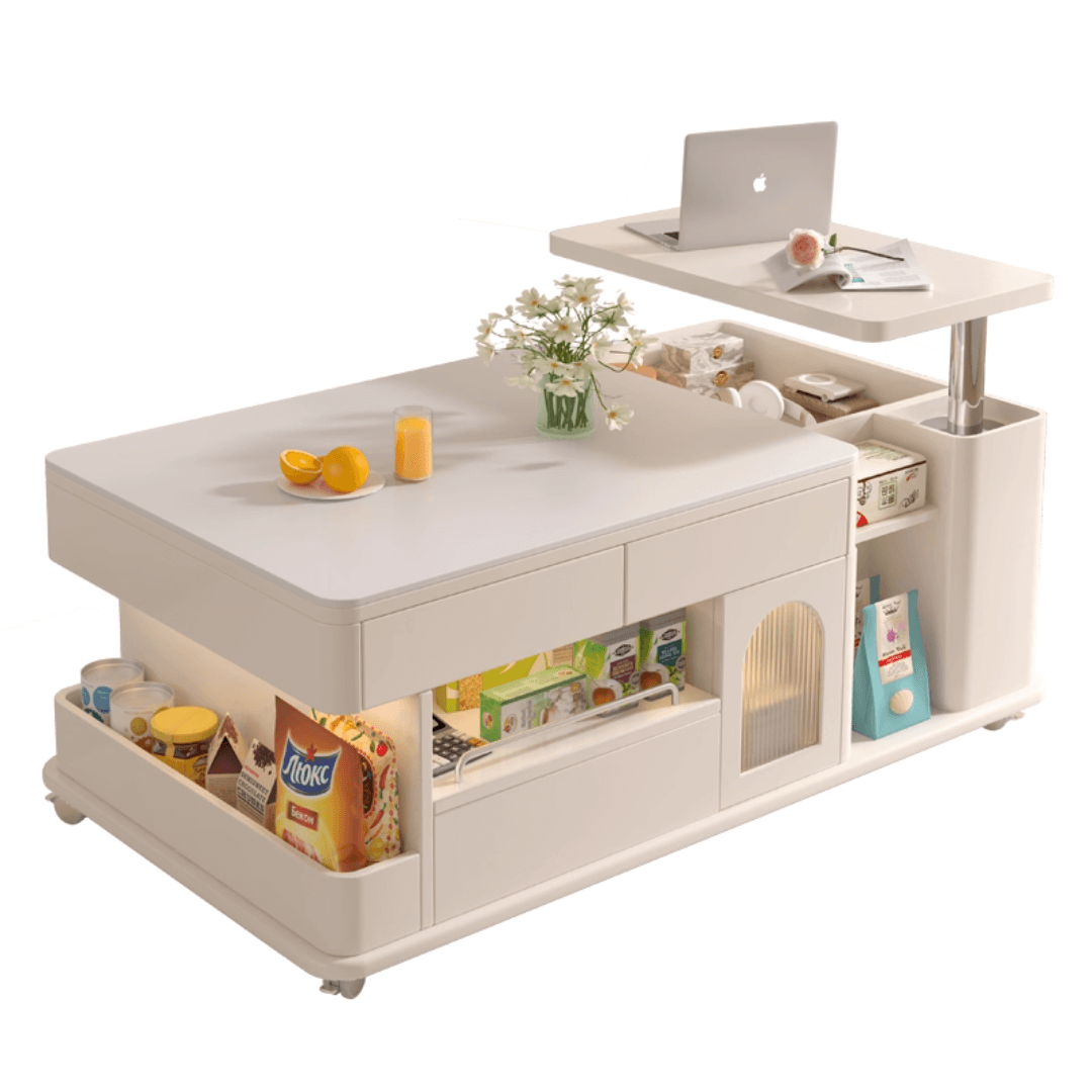 Cream lift-top coffee table with smart storage and easy mobility for modern living rooms