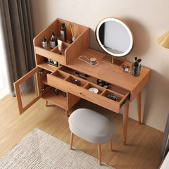 Coffee Brown Wooden Vanity Table with Side Cabinets Open Storage & Drawers