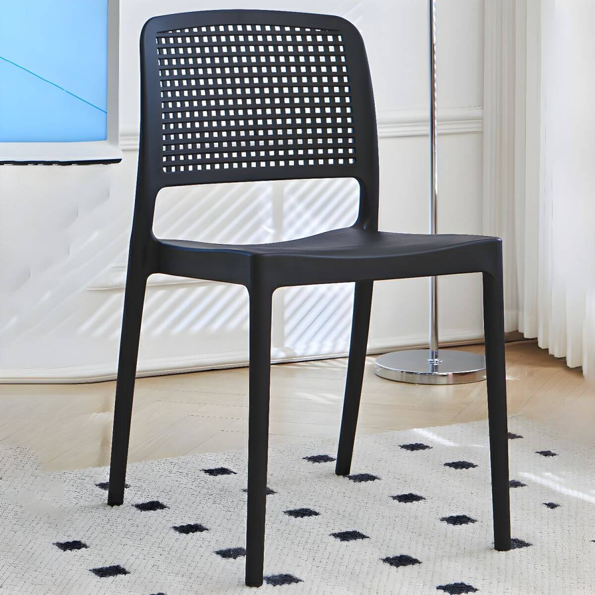 Stackable modern plastic and acrylic side chair for kitchen and dining use
