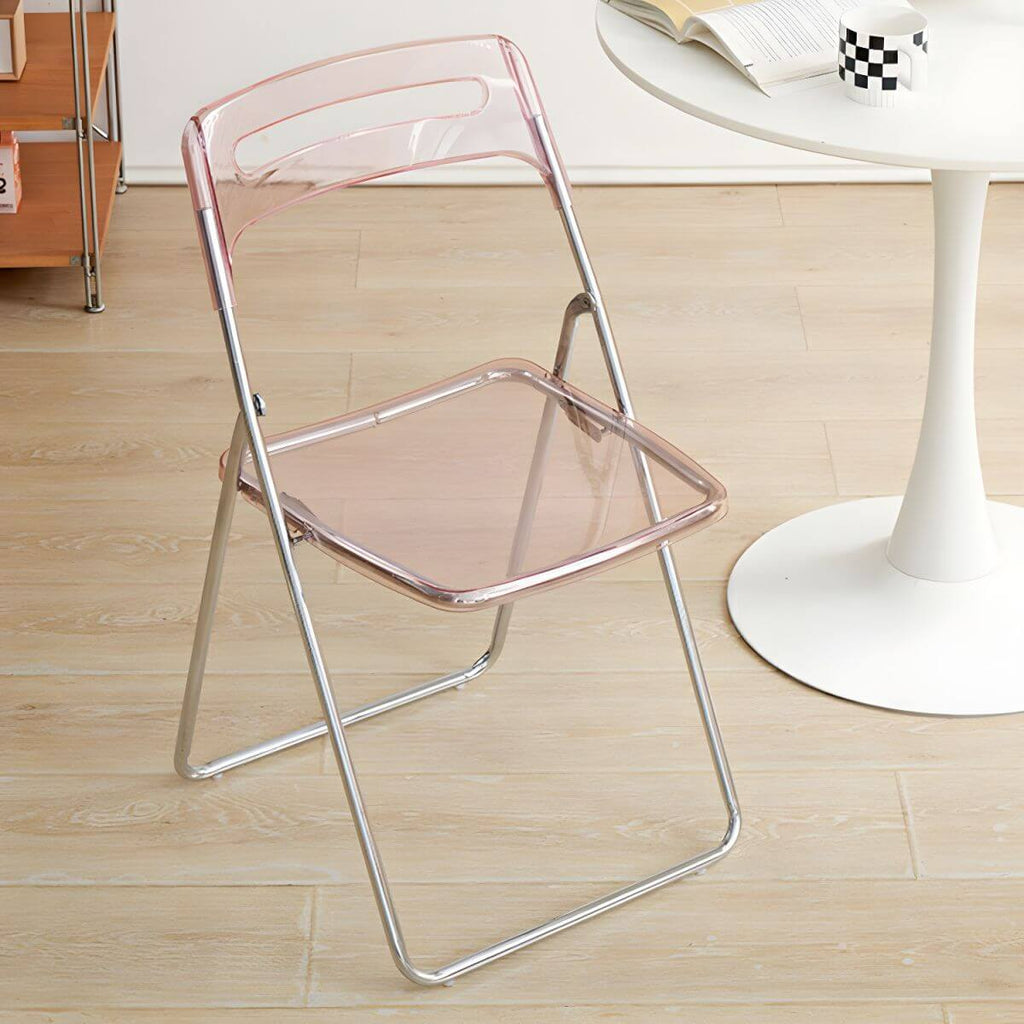 Modern collapsible open back side chair made of plastic and acrylic, ideal for kitchen and dining areas