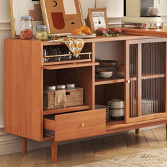 Folding Dining Table Sideboard in One with Glass Sliding Doors and Storage Drawers